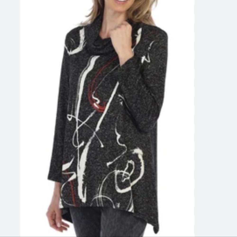 Jess & Jane Cowl Neck Tunic Top Abstract Brushstroke Womens Size M Lagenlook